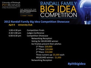 2012 Randall Family Big Idea Competition Showcase
   April 4   University Club

   1:00-4:30 pm       Competition Finals
   4:30-5:00 pm       Judges Conference
   6:00-8:30 pm       Competition Showcase
                          Networking Reception
                          Voting for WILDCARD winner
                          Six finalists present their pitches
                                1st Place: $30,000
                                2nd Place: $20,000
                                3rd Place: $10,000
                                Three runners up: $5,000 each
                                WILDCARD winner: $1,000
                          Networking Reception
                                                                #pittbigidea
 