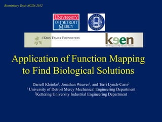 Biomimicry Tools NCIIA 2012




     Application of Function Mapping
       to Find Biological Solutions
                  Darrell Kleinke1, Jonathan Weaver1, and Terri Lynch-Caris2
               1 University of Detroit Mercy Mechanical Engineering Department
                    2Kettering University Industrial Engineering Department
 