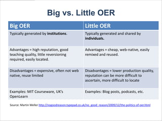 Big vs. Little OER
Big OER                                                Little OER
Typically generated by institutions.                   Typically generated and shared by
                                                       individuals.

Advantages = high reputation, good                     Advantages = cheap, web-native, easily
teaching quality, little reversioning                  remixed and reused.
required, easily located.

Disadvantages = expensive, often not web               Disadvantages = lower production quality,
native, reuse limited                                  reputation can be more difficult to
                                                       ascertain, more difficult to locate

Examples: MIT Courseware, UK’s                         Examples: Blog posts, podcasts, etc.
OpenLearn

Source: Martin Weller http://nogoodreason.typepad.co.uk/no_good_reason/2009/12/the-politics-of-oer.html
 