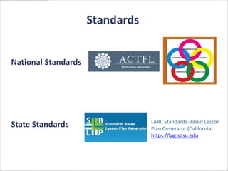 Standards


National Standards




                                 LARC Standards-Based Lesson
State Standards                  Plan Generator (California)
                                 https://lpg.sdsu.edu
 