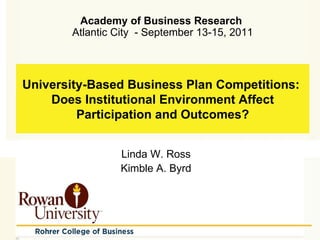 Academy of Business Research
       Atlantic City - September 13-15, 2011



University-Based Business Plan Competitions:
    Does Institutional Environment Affect
         Participation and Outcomes?


                Linda W. Ross
                Kimble A. Byrd
 