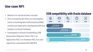 2021 Copyright © EnterpriseDB Corporation All Rights Reserved
Use case NFI
9
• Believe it or not we do have criminals
• Once arrested by the Police an investigation
starts on banking/web traﬃc/location/DNA/
contacts etc Application developed by NFI and
landed on a Oracle Database
• Investigated on Oracle Compatibility, EDB
Assessment Migration Portal PoC 1 on
Application PoC 2 on Hardware PoC 3 on user
experience, automated with EDB MTK
 