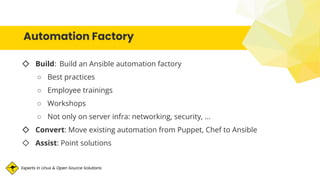 Experts in Linux & Open Source Solutions
Automation Factory
◇ Build: Build an Ansible automation factory
○ Best practices
○ Employee trainings
○ Workshops
○ Not only on server infra: networking, security, …
◇ Convert: Move existing automation from Puppet, Chef to Ansible
◇ Assist: Point solutions
 