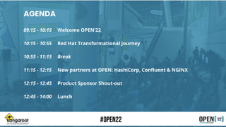 Experts in Linux & Open Source Solutions
AGENDA
09:15 - 10:15 Welcome OPEN’22
10:15 - 10:55 Red Hat Transformational Journey
10:55 - 11:15 Break
11:15 - 12:15 New partners at OPEN: HashiCorp, Conﬂuent & NGINX
12:15 - 12:45 Product Sponsor Shout-out
12:45 - 14:00 Lunch
 