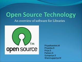 An overview of software for Libraries
Priyadharshini.M
Priyanka.S
Priya.S
Parkavi.S
Guhapriya.S
Shanmugapriya.M
 