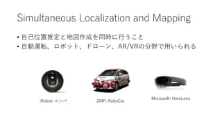 Simultaneous Localization and Mapping
? Լλƶȵ؇ɤͬrФ
? Ԅ\ܞܥåȡɥ`AR/VRηҰä
iRobot:  ZMP: RoboCar
Microsoft: HoloLens
 