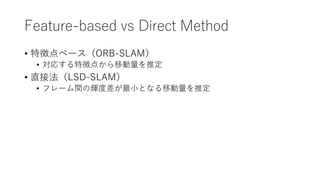 Feature-based vs Direct Method
? ؏յ٩`ORB-SLAM
? ꤹ؏յ㤫Ƅƶ
? ֱӷLSD-SLAM
? ե`gxȲСȤʤƄƶ
 