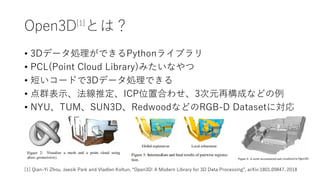 Open3D[1]
Ȥϣ
? 3Dǩ`IǤPython饤֥
? PCL(Point Cloud Library)ߤʤ
? ̤`ɤ3Dǩ`IǤ
? ȺʾƶICPλúϤ碌3Ԫ٘ɤʤɤ
? NYUTUMSUN3DRedwoodʤɤRGB-D Datasetˌ
[1] Qian-Yi Zhou, Jaesik Park and Vladlen Koltun, Open3D: A Modern Library for 3D Data Processing, arXiv:1801.09847, 2018
 