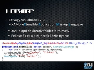 H ga ?
    o yn
   ?   C# vagy VisualBasic (VB)
       + XAML- eXtensible Application Markup Language
        XML alap deklaratv fellet ler nyelv
        Fejleszt?k s a dizjnerek k?z?s nyelve
<Button?Name="mybtn"?Tap="mybtn_Tap"?Content="Hi!"?/>
<input?id="mybtn"?type="button"?value="Hi!"?onclick="btn_click();"?/>?
function?btn_click()?{
private?void?mybtn_Tap(?object?sender,?GestureEventArgs?e)
{?   var?btn?=?document.getElementById(mybtn);
     btn.setAttribute("value",?"Clicked!");
  mybtn.Content?=?"Tapped!";
     alert("Hello!");
  MessageBox.Show(?"Hello!"?);
}
}
 