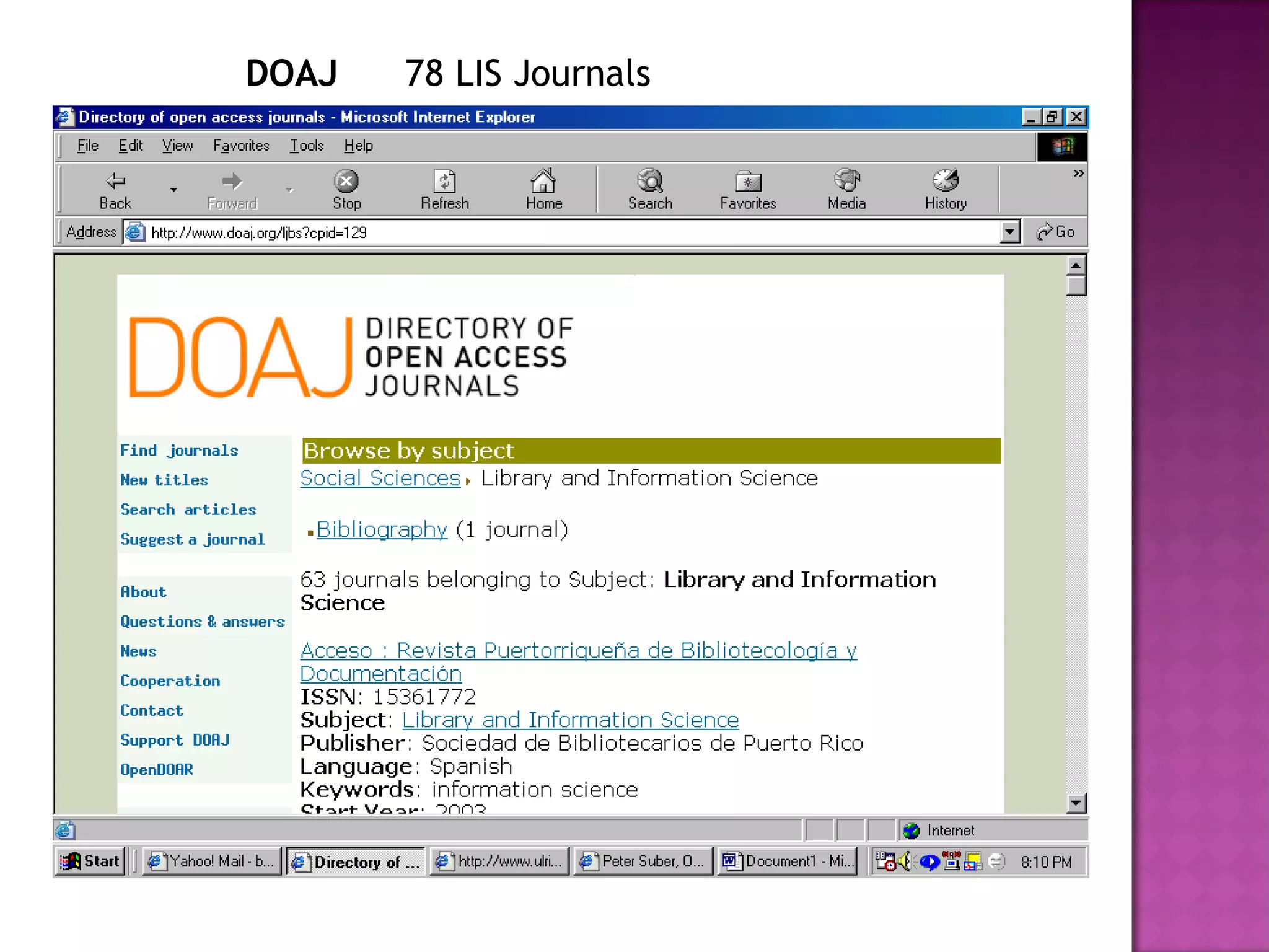 DOAJ 78 LIS Journals 
 