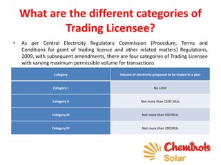 What are the different categories of
Trading Licensee?
• As per Central Electricity Regulatory Commission (Procedure, Terms and
Conditions for grant of trading licence and other related matters) Regulations,
2009, with subsequent amendments, there are four categories of Trading Licensee
with varying maximum permissible volume for transactions
Category Volume of electricity proposed to be traded in a year
Category I No Limit
Category II Not more than 1500 MUs
Category III Not more than 500 MUs
Category IV Not more than 100 MUs
 