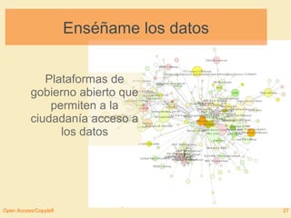 Enséñame los datos 
Plataformas de 
gobierno abierto que 
permiten a la 
ciudadanía acceso a 
los datos 
Open Access/Copyleft 27 
 