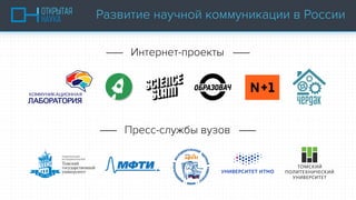 —— Пресс-службы вузов ——
—— Интернет-проекты ——
Развитие научной коммуникации в России
 
