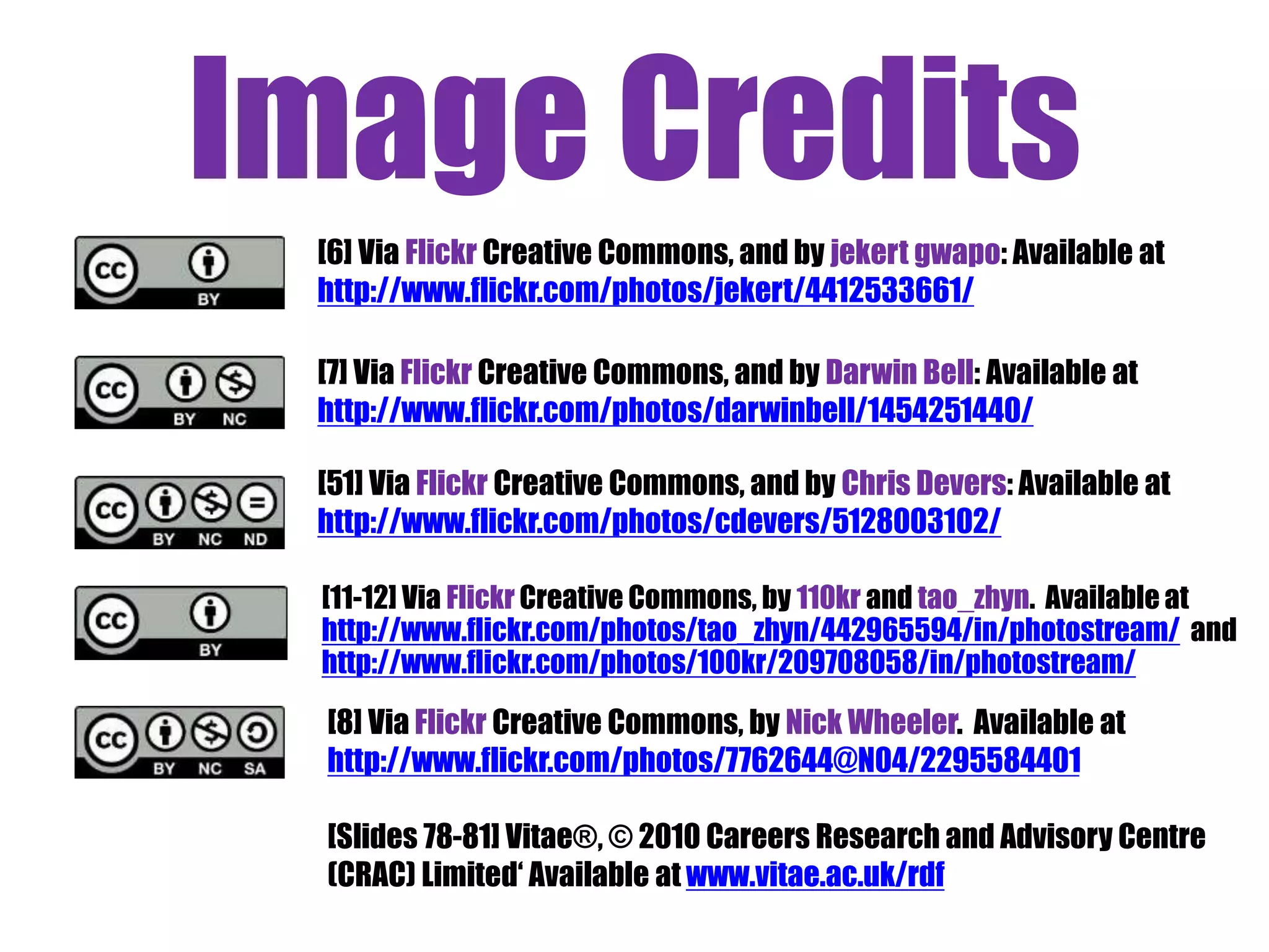 Image Credits 
[6] Via Flickr Creative Commons, and by jekert gwapo: Available at 
http://www.flickr.com/photos/jekert/4412533661/ 
[7] Via Flickr Creative Commons, and by Darwin Bell: Available at 
http://www.flickr.com/photos/darwinbell/1454251440/ 
[51] Via Flickr Creative Commons, and by Chris Devers: Available at 
http://www.flickr.com/photos/cdevers/5128003102/ 
[11-12] Via Flickr Creative Commons, by 110kr and tao_zhyn. Available at 
http://www.flickr.com/photos/tao_zhyn/442965594/in/photostream/ and 
http://www.flickr.com/photos/100kr/209708058/in/photostream/ 
[8] Via Flickr Creative Commons, by Nick Wheeler. Available at 
http://www.flickr.com/photos/7762644@N04/2295584401 
[Slides 78-81] Vitae®, © 2010 Careers Research and Advisory Centre 
(CRAC) Limited‘ Available at www.vitae.ac.uk/rdf 
 