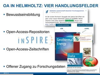 OA IN HELMHOLTZ: VIER HANDLUNGSFELDER

§  Bewusstseinsbildung



§  Open-Access-Repositorien



§  Open-Access-Zeitschriften



§  Offener Zugang zu Forschungsdaten
SEITE 18
 
