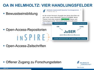 OA IN HELMHOLTZ: VIER HANDLUNGSFELDER

§  Bewusstseinsbildung



§  Open-Access-Repositorien



§  Open-Access-Zeitschr...