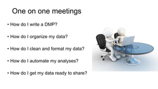 One on one meetings
• How do I write a DMP?
• How do I organize my data?
• How do I clean and format my data?
• How do I automate my analyses?
• How do I get my data ready to share?
 