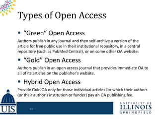Types of Open Access
 “Green” Open Access
Authors publish in any journal and then self-archive a version of the
article for free public use in their institutional repository, in a central
repository (such as PubMed Central), or on some other OA website.
 “Gold” Open Access
Authors publish in an open access journal that provides immediate OA to
all of its articles on the publisher's website.
 Hybrid Open Access
Provide Gold OA only for those individual articles for which their authors
(or their author's institution or funder) pay an OA publishing fee.
31
 