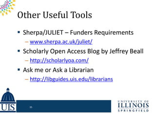 Other Useful Tools
 Sherpa/JULIET – Funders Requirements
– www.sherpa.ac.uk/juliet/
 Scholarly Open Access Blog by Jeffrey Beall
– http://scholarlyoa.com/
 Ask me or Ask a Librarian
– http://libguides.uis.edu/librarians
35
 