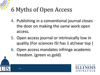 6 Myths of Open Access
4. Publishing in a conventional journal closes
the door on making the same work open
access.
5. Open access journal or intrinsically low in
quality (For sciences ISI has 1 at/near top )
6. Open access mandates infringe academic
freedom. (green vs gold)
57
 