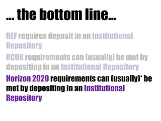 … the bottom line…
REF requires deposit in an Institutional
Repository
RCUK requirements can (usually) be met by
depositing in an Institutional Repository
Horizon 2020 requirements can (usually)* be
met by depositing in an Institutional
Repository

 