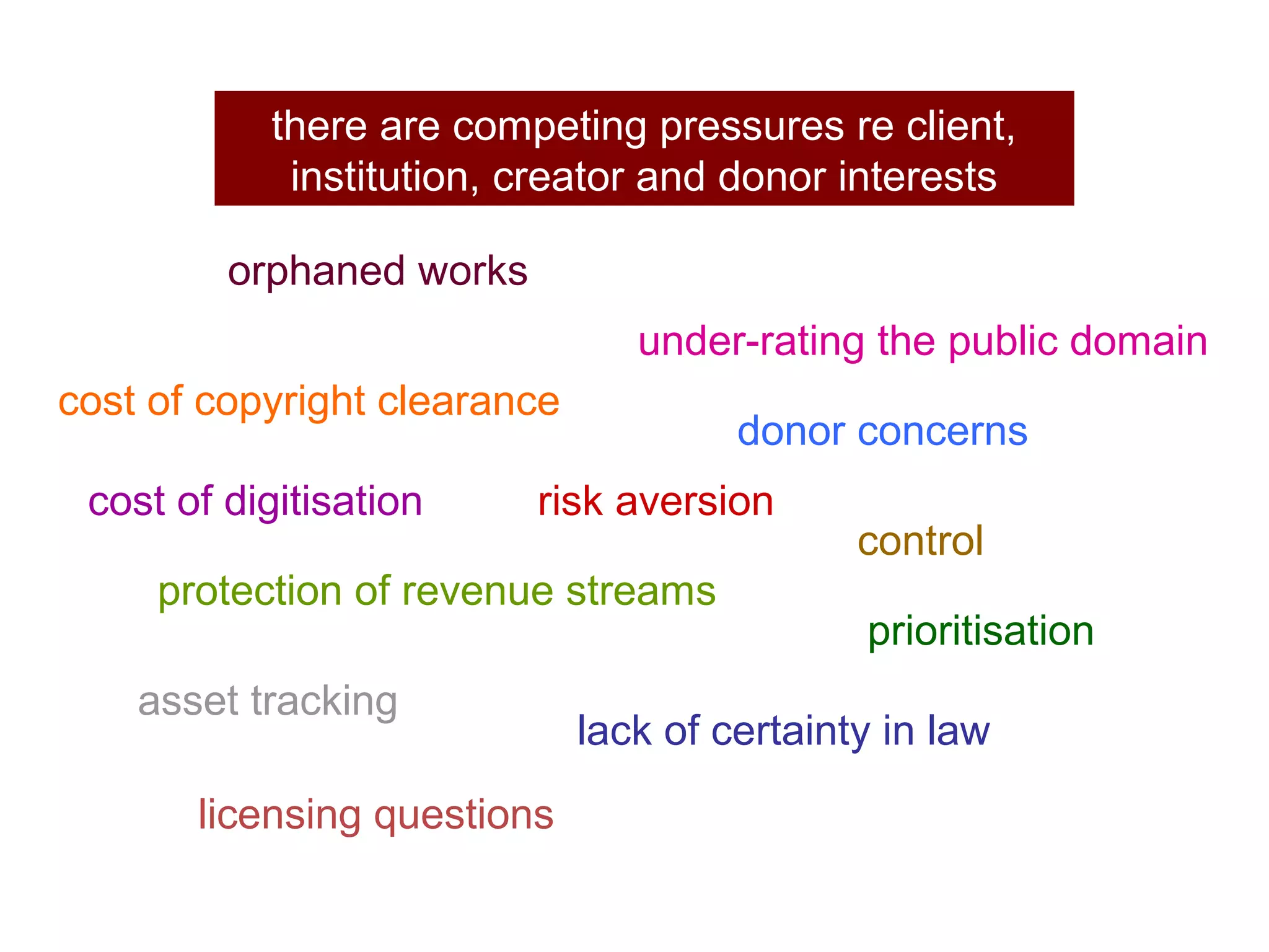 there are competing pressures re client,
            institution, creator and donor interests

         orphaned works
                                 under-rating the public domain
cost of copyright clearance
                                       donor concerns
 cost of digitisation     risk aversion
                                              control
     protection of revenue streams
                                              prioritisation
    asset tracking
                              lack of certainty in law
       licensing questions
 
