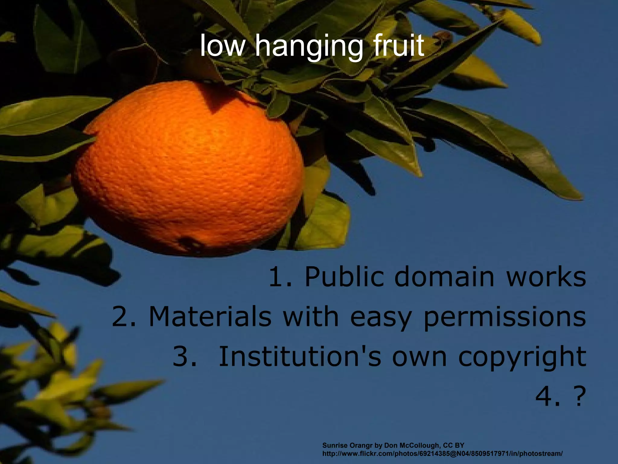 low hanging fruit




            1. Public domain works
2. Materials with easy permissions
    3. Institution's own copyright
                               4. ?
               Sunrise Orangr by Don McCollough, CC BY
               http://www.flickr.com/photos/69214385@N04/8509517971/in/photostream/
 