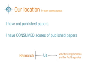 Our location in open access space 
I have not published papers 
I have CONSUMED scores of published papers 
Research Voluntary Organizations 
and For Profit agencies Us 
 