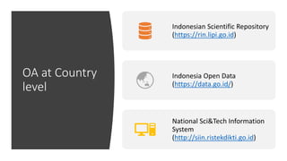 OA at Country
level
Indonesian Scientific Repository
(https://rin.lipi.go.id)
Indonesia Open Data
(https://data.go.id/)
National Sci&Tech Information
System
(http://siin.ristekdikti.go.id)
 