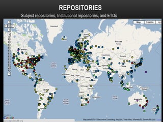 REPOSITORIES
Subject repositories, Institutional repositories, and ETDs
 
