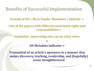 Benefits of Successful Implementation
Growth of OA + More Funder Mandates + Hybrids =

Lots of OA papers with different associated rights and
responsibilities =
Confusion concerning who can do what when
+
OA Metadata Indicator =
Transmittal of an article’s openness in a manner that
makes discovery, tracking, readership, and (hopefully)
reuse straightforward

 