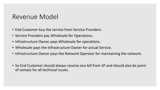 Revenue Model
• End Customer buy the service from Service Providers.
• Service Providers pay Wholesale for Operations.
• Infrastructure Owner pays Wholesale for operations.
• Wholesale pays the Infrastructure Owner for actual Service.
• Infrastructure Owner pays the Network Operator for maintaining the network.
• So End Customer should always receive one bill from SP and should also be point
of contact for all technical issues.
 