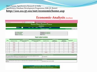 Open Access: Agroforestry Research in India 
Agroforestry Database Development Programme (NRCAF-Jhansi) 
http://210.212.57.102/net/economichome.asp 
Economic-Analysis database 
 