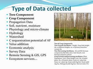 Type of Data collected 
 Tree Component 
 Crop Component 
 Propagation Data 
 Soil, nutrient, moisture 
 Physiology and micro-climate 
 Hydrology 
 Watershed 
 C sequestration potential of AF 
 Value addition 
 Economic analysis 
 Survey Data 
 Remote Sensing & GIS, GPS 
 Ecosystem services…. 
Tree & Crop components 
Tree Growth Attributes : Height, clean bole height, 
dia. at different heights, no. of primary branches, 
canopy dia. 
Tree Harvesting Attributes : AG and BG biomass 
components like bole, stem, leaf, branch, root 
biomass and stem volume 
Crop Growth and harvesting attributes: Plant 
Population/ (m2), Plant height (cm), No. of pods/ 
plant, No. of branch/ plant, Grain wt./ plant (g), 
Straw wt./ plant (g), Grain yield (kg/ha), Straw yield 
(kg/ha), Biological yield (kg/ha), Harvest index (%) 
 