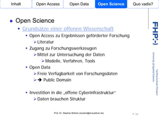 Inhalt        Open Access              Open Data                    Open Science   Quo vadis?



  Open Science
         Grundsätze einer offenen Wissenschaft
           Open Access zu Ergebnissen geförderter Forschung
              Literatur
           Zugang zu Forschungswerkzeugen
              Mittel zur Untersuchung der Daten
                               Open Access
                   Modelle, Verfahren, Tools
           Open Data
              Freie Verfügbarkeit von Forschungsdaten
                  Public Domain

           Investition in die „offene Cyberinfrastruktur“
               Daten brauchen Struktur


                        Prof. Dr. Stephan Büttner (student@st-buettner.de)
                                                                                   P. 24
 