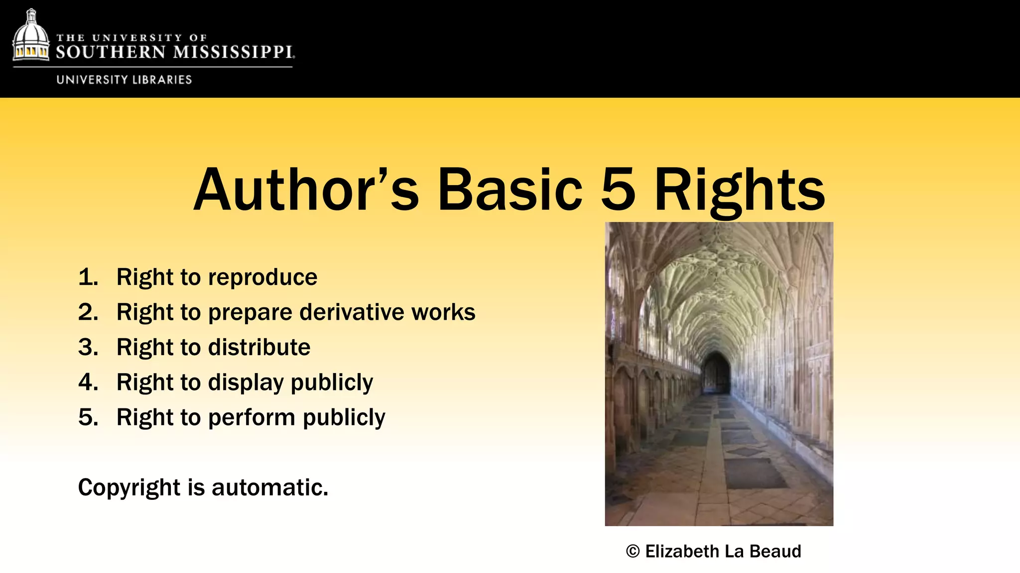 Author’s Basic 5 Rights 
1. Right to reproduce 
2. Right to prepare derivative works 
3. Right to distribute 
4. Right to display publicly 
5. Right to perform publicly 
Copyright is automatic. 
© Elizabeth La Beaud 
 