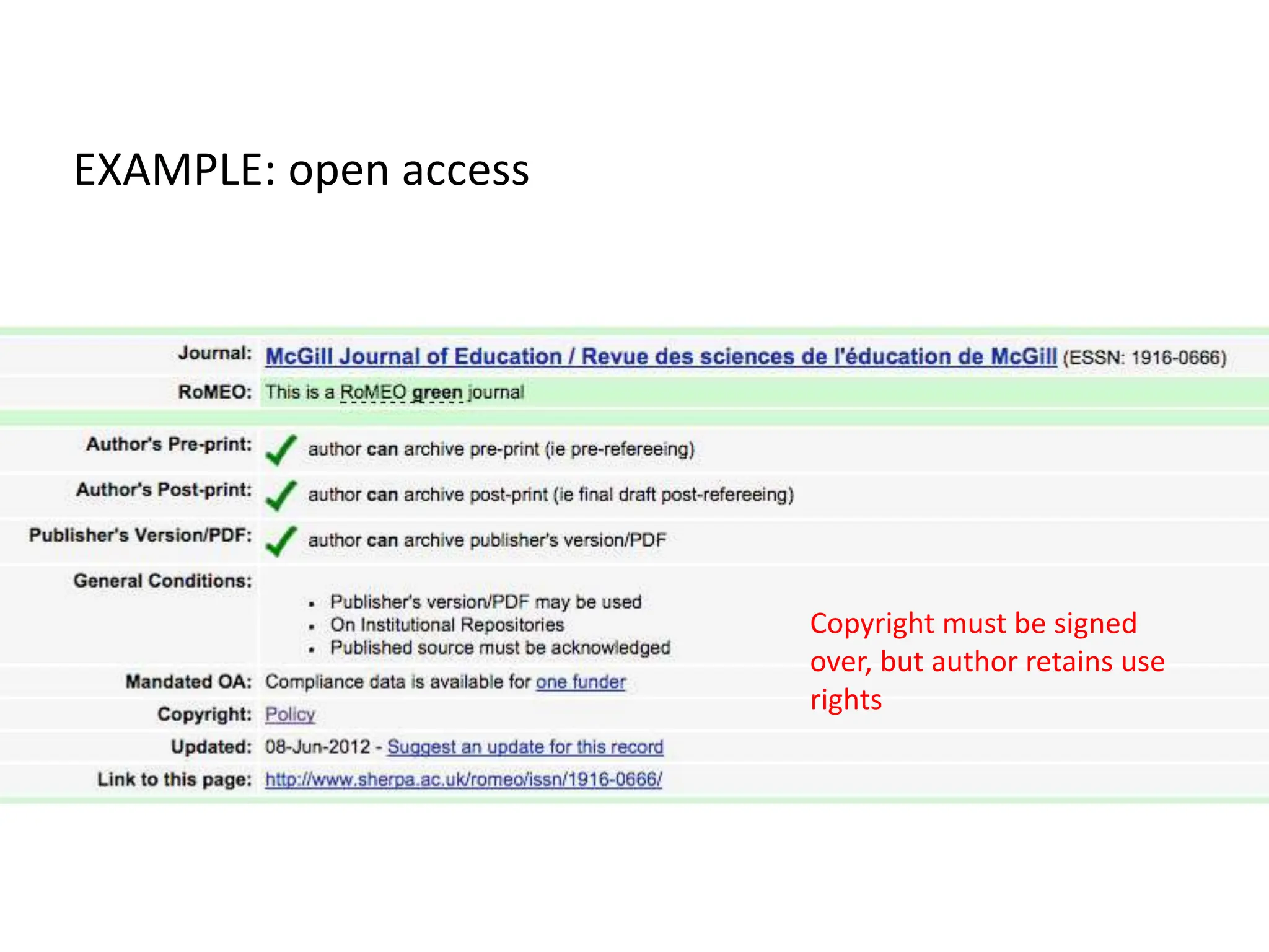 EXAMPLE: open access
Copyright must be signed
over, but author retains use
rights
 