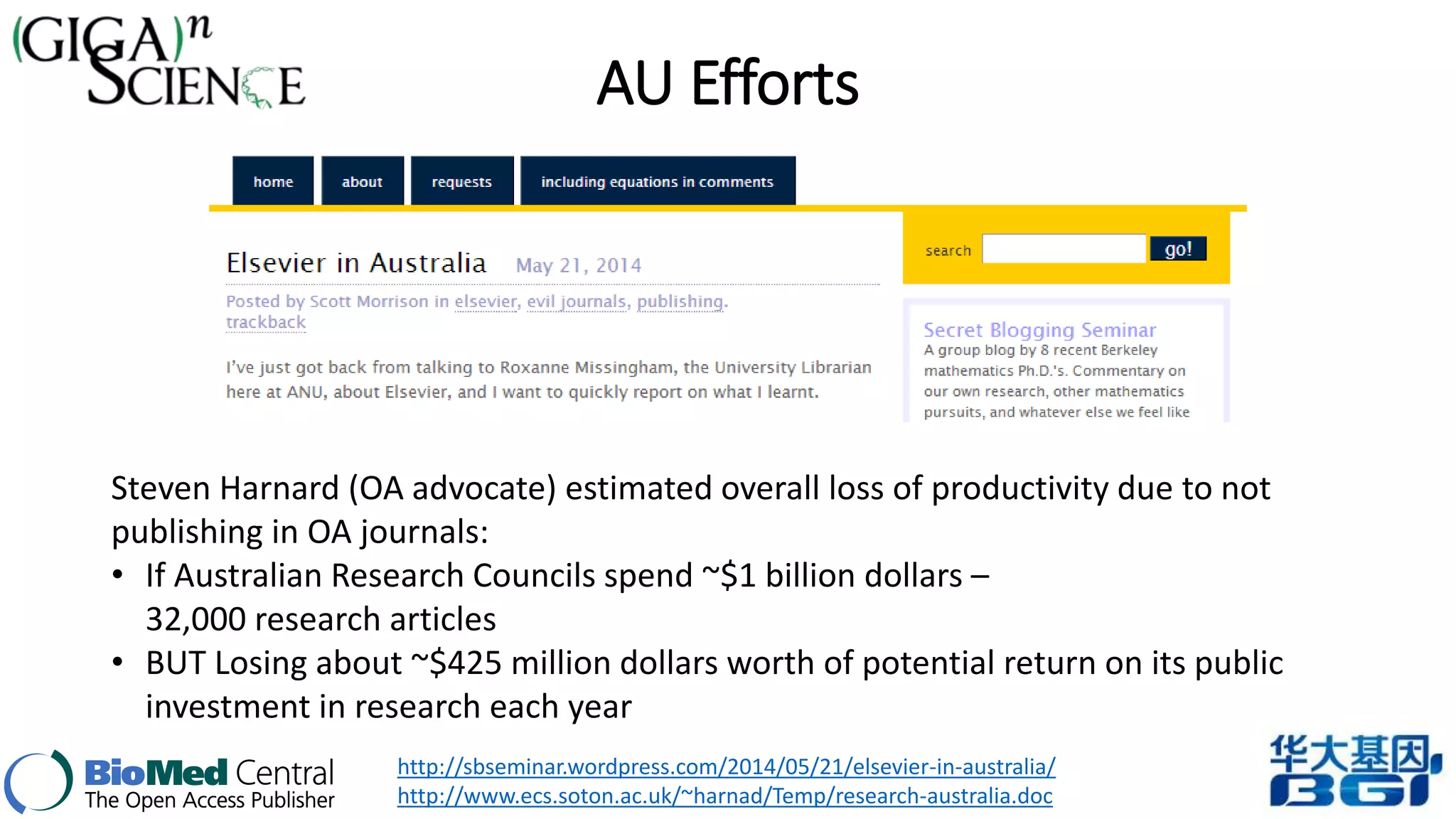 AU Efforts 
Steven Harnard (OA advocate) estimated overall loss of productivity due to not 
publishing in OA journals: 
• If Australian Research Councils spend ~$1 billion dollars – 
32,000 research articles 
• BUT Losing about ~$425 million dollars worth of potential return on its public 
investment in research each year 
http://sbseminar.wordpress.com/2014/05/21/elsevier-in-australia/ 
http://www.ecs.soton.ac.uk/~harnad/Temp/research-australia.doc 
 