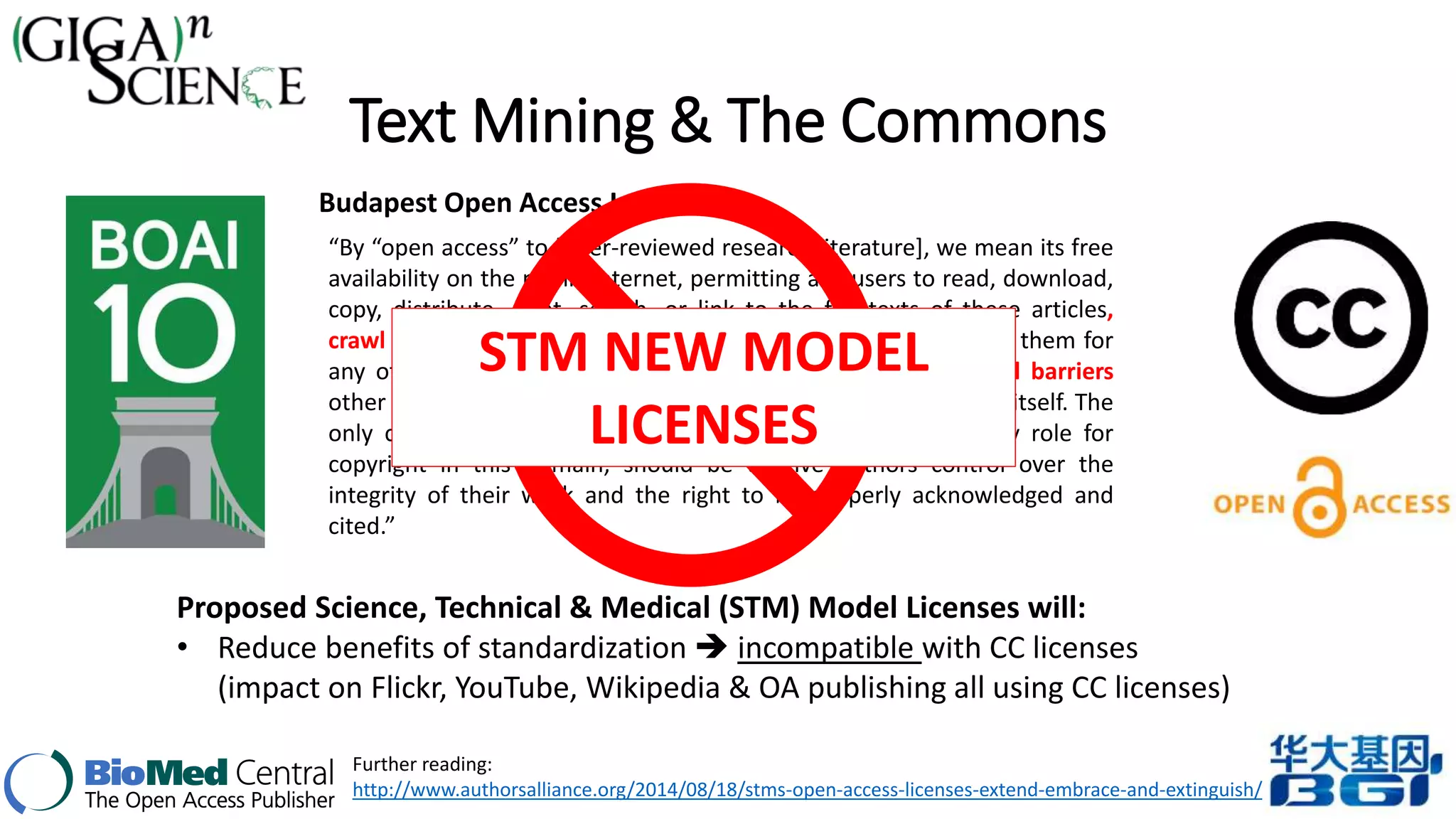 Text Mining & The Commons 
Budapest Open Access Initiative: 
“By “open access” to [peer-reviewed research literature], we mean its free 
availability on the public internet, permitting any users to read, download, 
copy, distribute, print, search, or link to the full texts of these articles, 
crawl them for STM indexing, pass NEW them as MODEL 
data to software, or use them for 
any other lawful purpose, without financial, legal, or technical barriers 
other than those inseparable only constraint on reproduction LICENSES 
from gaining access to the internet itself. The 
and distribution, and the only role for 
copyright in this domain, should be to give authors control over the 
integrity of their work and the right to be properly acknowledged and 
cited.” 
Proposed Science, Technical & Medical (STM) Model Licenses will: 
• Reduce benefits of standardization  incompatible with CC licenses 
(impact on Flickr, YouTube, Wikipedia & OA publishing all using CC licenses) 
Further reading: 
http://www.authorsalliance.org/2014/08/18/stms-open-access-licenses-extend-embrace-and-extinguish/ 
 