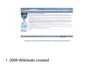 http://web.archive.org/web/20070114162346/http://www.wikileaks.org/index.html




• 2009 Wikileaks created
 