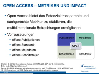 OPEN ACCESS – METRIKEN UND IMPACT
SEITE 27
Publikationen Metadaten
Schnittstellen Standards
OPEN
Shotton, D. (2013). Open citations. Nature, 502(7471), 295–297. doi:10.1038/502295a.
Siehe auch: http://opencitations.net
Fenner, M. (2013). What can article-level metrics do for you? PLoS Biology, 11(10), e1001687. doi:
10.1371/journal.pbio.1001687. Siehe auch: http://article-level-metrics.plos.org/
§  Open Access bietet das Potenzial transparente und
sachgerechte Metriken zu etablieren, die
multidimensionale Betrachtungen ermöglichen
§  Vorrausetzungen
§  offene Publikationen
§  offene Standards
§  offene Metadaten
§  offene Schnittstellen
 