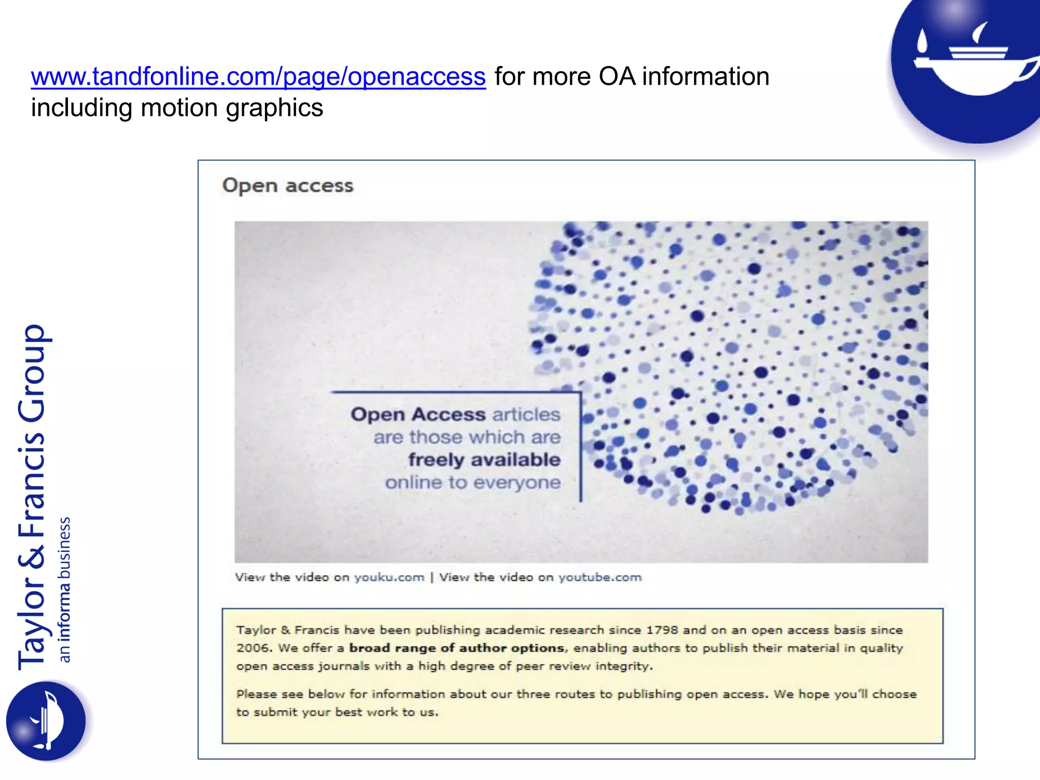 www.tandfonline.com/page/openaccess for more OA information
including motion graphics
 