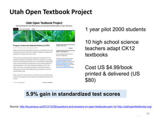 Utah Open Textbook Project
1 year pilot 2000 students

10 high school science
teachers adapt CK12
textbooks
Cost US $4.99/...