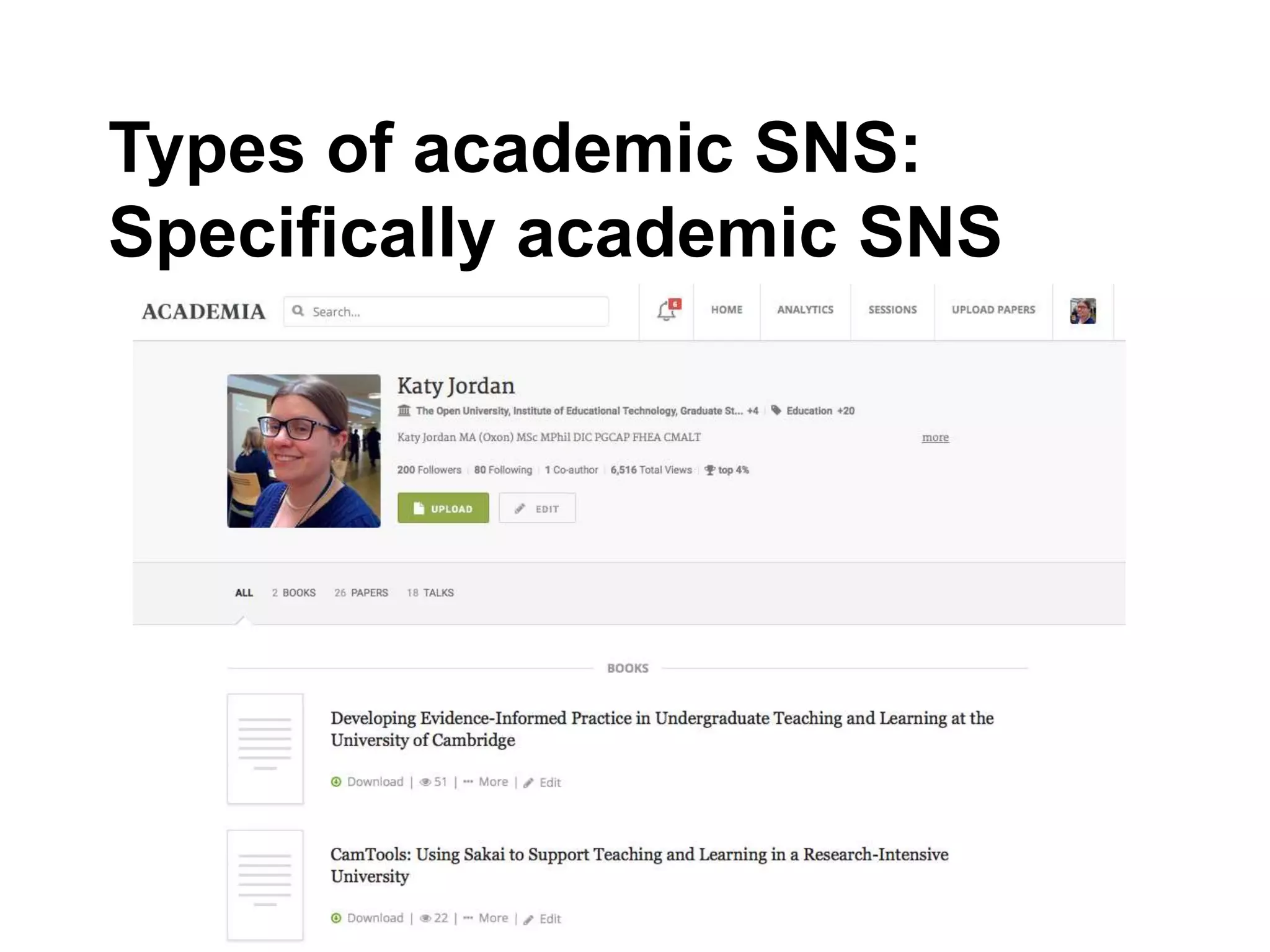 Types of academic SNS:
Specifically academic SNS
 