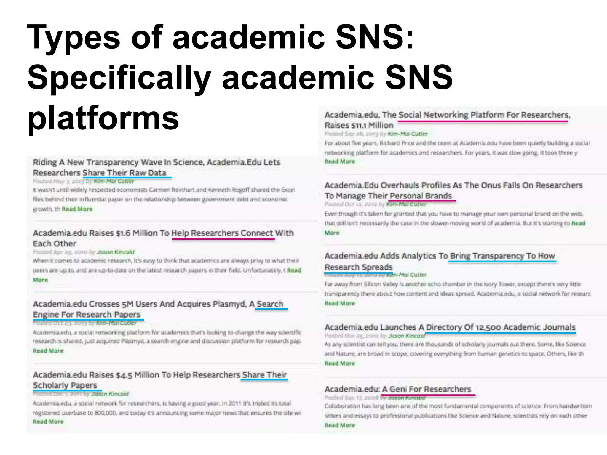 Types of academic SNS:
Specifically academic SNS
platforms
 