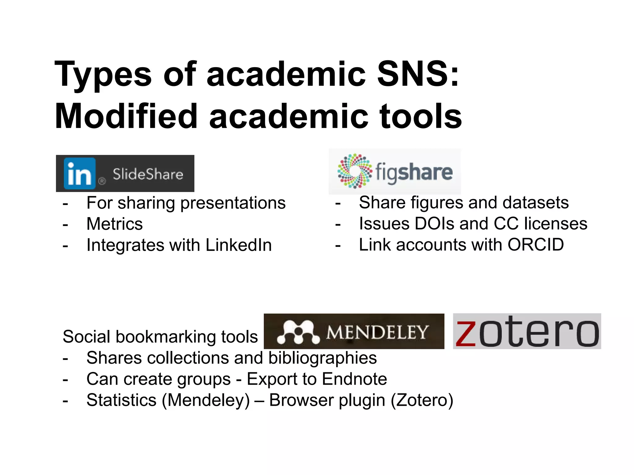 Types of academic SNS:
Modified academic tools
Slideshare
- For sharing presentations
- Metrics
- Integrates with LinkedIn
Figshare
- Share figures and datasets
- Issues DOIs and CC licenses
- Link accounts with ORCID
Social bookmarking tools (Mendeley, Zotero)
- Shares collections and bibliographies
- Can create groups - Export to Endnote
- Statistics (Mendeley) – Browser plugin (Zotero)
 