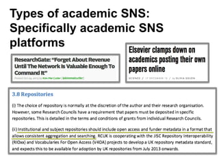 Types of academic SNS:
Specifically academic SNS
platforms
 