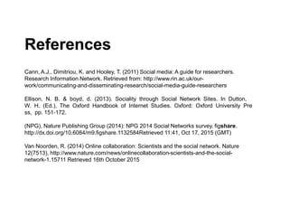 References
Cann, A.J., Dimitriou, K. and Hooley, T. (2011) Social media: A guide for researchers.
Research Information Network. Retrieved from: http://www.rin.ac.uk/our-
work/communicating-and-disseminating-research/social-media-guide-researchers
Ellison, N. B. & boyd, d. (2013). Sociality through Social Network Sites. In Dutton,
W. H. (Ed.), The Oxford Handbook of Internet Studies. Oxford: Oxford University Pre
ss, pp. 151‐172.
(NPG), Nature Publishing Group (2014): NPG 2014 Social Networks survey. figshare.
http://dx.doi.org/10.6084/m9.figshare.1132584Retrieved 11:41, Oct 17, 2015 (GMT)
Van Noorden, R. (2014) Online collaboration: Scientists and the social network. Nature
12(7513), http://www.nature.com/news/onlinecollaboration-scientists-and-the-social-
network-1.15711 Retrieved 16th October 2015
 