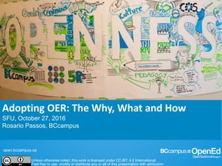 open.bccampus.ca
Unless otherwise noted, this work is licensed under CC-BY. 4.0 International.
Feel free to use, modify or distribute any or all of this presentation with attribution.
Adopting OER: The Why, What and How
SFU, October 27, 2016
Rosario Passos, BCcampus
 