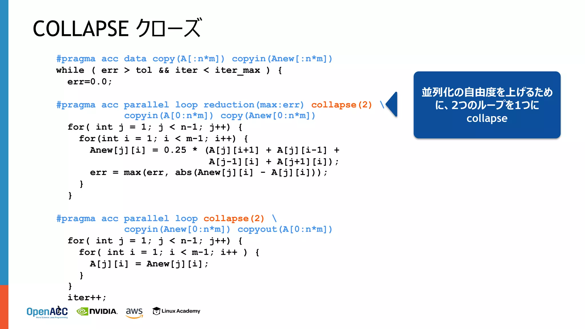 COLLAPSE クローズ
#pragma acc data copy(A[:n*m]) copyin(Anew[:n*m])
while ( err > tol && iter < iter_max ) {
err=0.0;
#pragma acc parallel loop reduction(max:err) collapse(2) 
copyin(A[0:n*m]) copy(Anew[0:n*m])
for( int j = 1; j < n-1; j++) {
for(int i = 1; i < m-1; i++) {
Anew[j][i] = 0.25 * (A[j][i+1] + A[j][i-1] +
A[j-1][i] + A[j+1][i]);
err = max(err, abs(Anew[j][i] - A[j][i]));
}
}
#pragma acc parallel loop collapse(2) 
copyin(Anew[0:n*m]) copyout(A[0:n*m])
for( int j = 1; j < n-1; j++) {
for( int i = 1; i < m-1; i++ ) {
A[j][i] = Anew[j][i];
}
}
iter++;
}
並列化の⾃由度を上げるため
に、2つのループを1つに
collapse
 